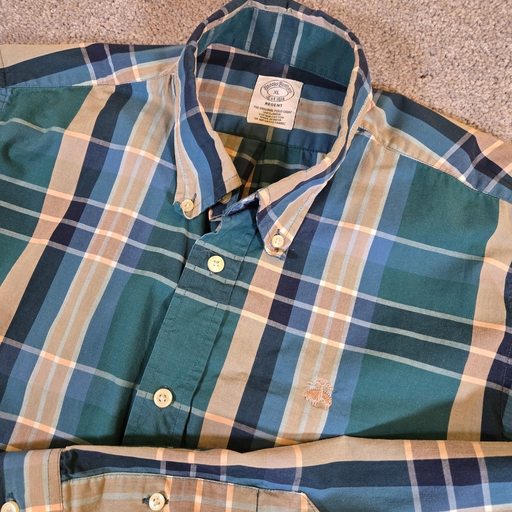 Brooks Brothers Regent Green Blue Plaid Mens XL Button Up L/S‎ Gold Fleece Logo